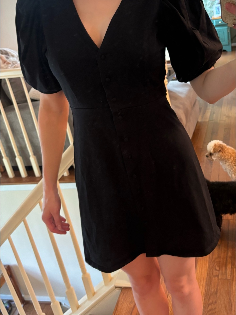 H&M Black Puff-Sleeve V-Neck Buttoned Mini Dress